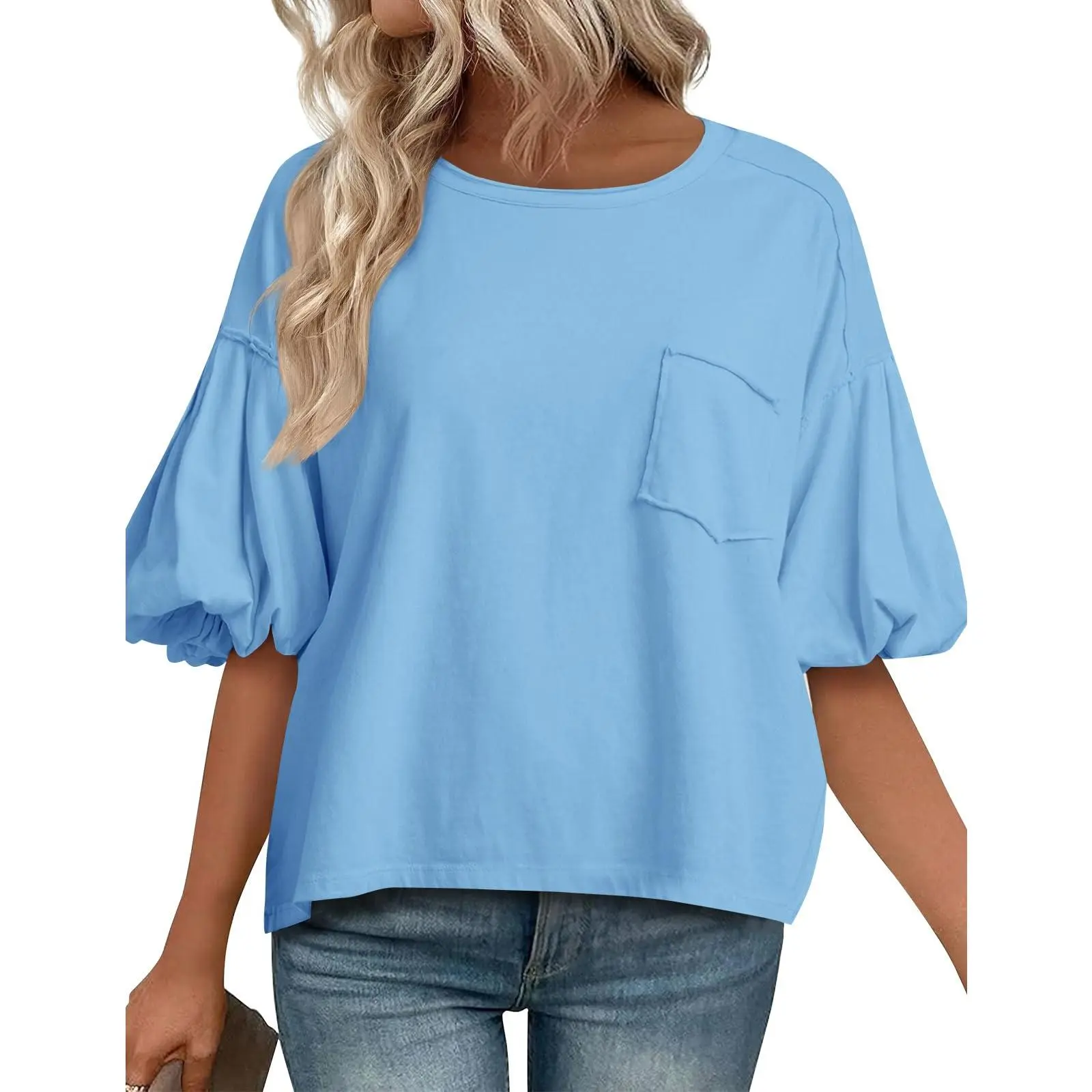Imily Bela Womens Puff Short Sleeve T-Shirts Summer Casual Crew Neck Tops Loose Fit Shirts with Chest Pocket