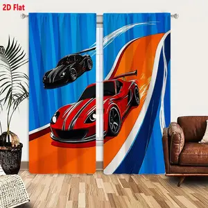 2D Flat Race Car Themed Kids Bedroom Curtain 2-Piece Set, Window Curtain, Cartoon Race Cars on Orange Track with Blue Background, Vibrant Racing Car Design for Boys, Room Decorative Curtains with Light Filtering & Noise Reduction, Easy to Hang & Mach