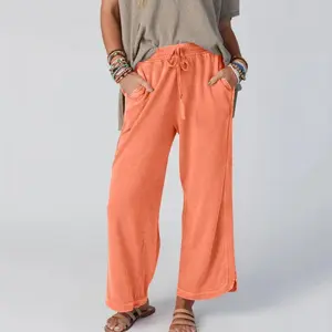 Women’s high-waisted acid-wash wide-leg baggy palazzo athletic lounge pants with pockets for casual wear, loose cotton fabric
