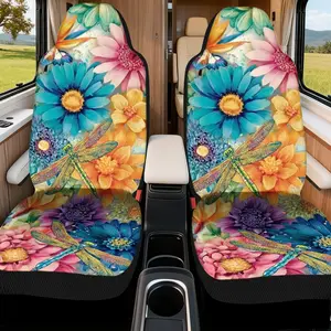 2pcs, Car Front Seat Covers, Stylish Design with Colorful Flowers and Dragonflies Pattern, Fits Most Vehicles, Durable Fabric, Machine Washable, Universal Fit for Cars, Trucks, SUVs, and Vans, Car Lover Accessorie