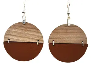 Genuine Cognac Leather and Cherry Earrings Silver S925 clamp style hooks