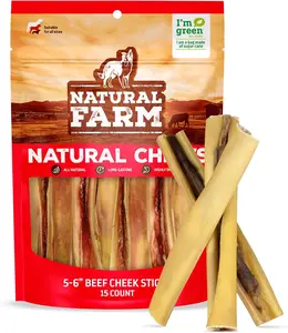 Natural Farm 6 Inch Beef Cheek Sticks - All-Natural Grass-Fed Cattle, Long-Lasting, Protein-Packed, Odor-Free, 15 Count