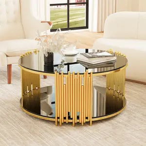 Modern Round Coffee Table Living Room Center Table Black Mirror Coffee Table, Asymmetrical Metal, Circular Metal Drum Base, Gold Finish & Lower Shelf Storage ﻿