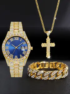 Men's High-Quality Watch Set with Necklace & Bracelet, Analog Quartz Movement, Metal Case, Perfect Gift for All Seasons