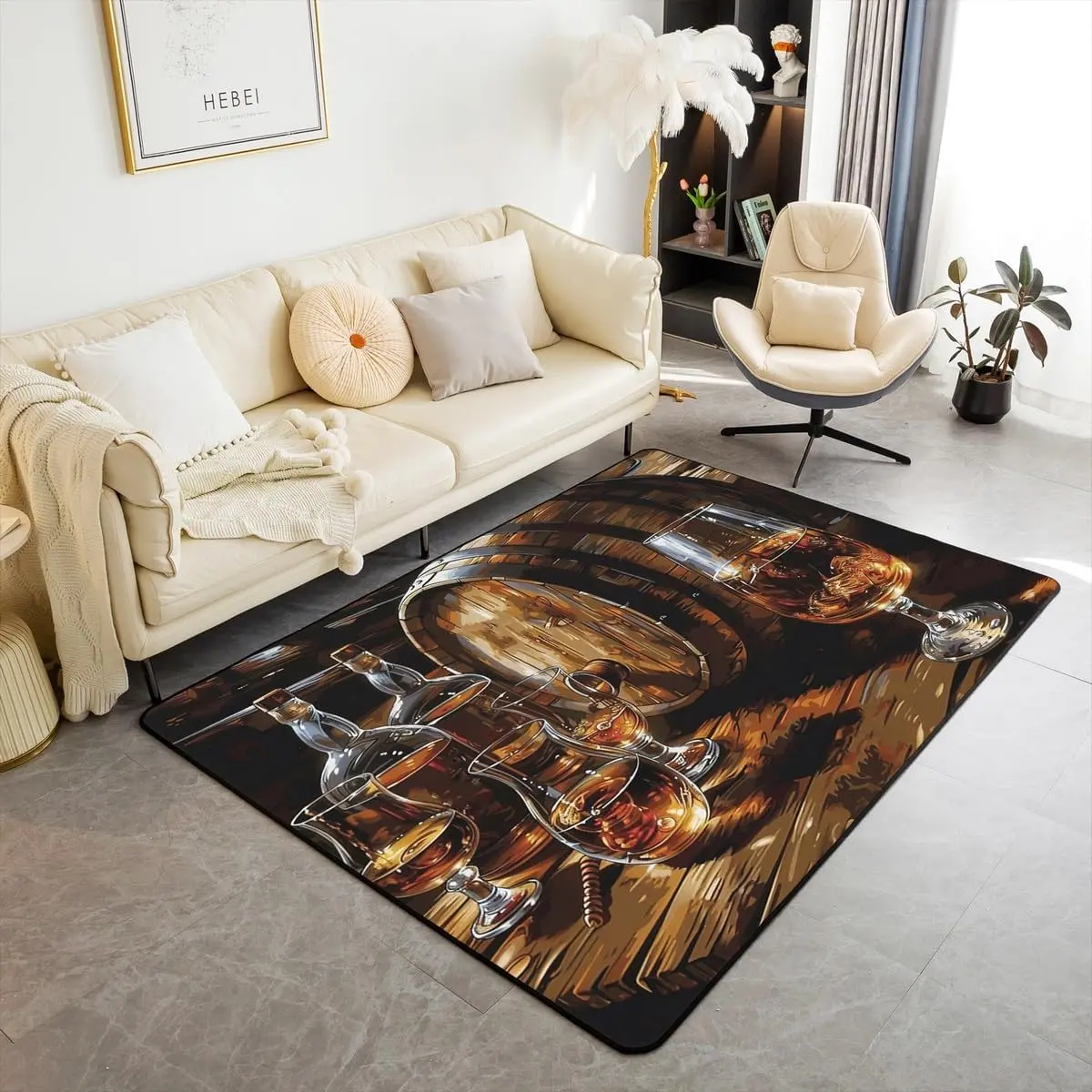 Whisky Area Rug,Wooden Barrel Plank Grain Rustic Retro Indoor Floor Mat Entrance Rug,Wine Beer Glass Bar Time Non Slip Rug,Brown Black Chairs Couch Living Room Decor