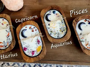 ZODIAC WOOD DOUGH Bowl Astrology Sign Meditation Candle- 3 Wick Rustic Wood Candle, Crystals Flowers and Moon, Vegan Candle, Gift for Her
