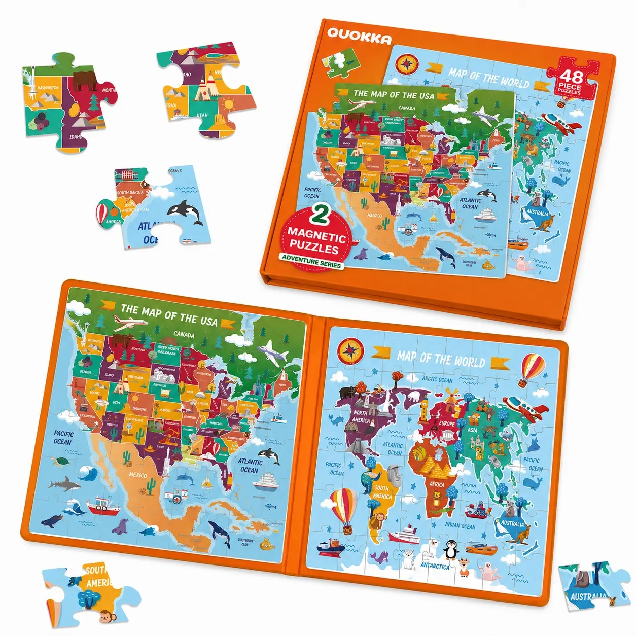 QUOKKA Magnetic Puzzles Book - 2 Sets of 48-Piece Jigsaw Puzzles, Matching Toy for Toddlers & Kids Ages 4-6, Compact Travel Toy for Flights, Fine Motor Skills-Boosting Activity with USA & World Maps, Magnetic Puzzles For Toddlers