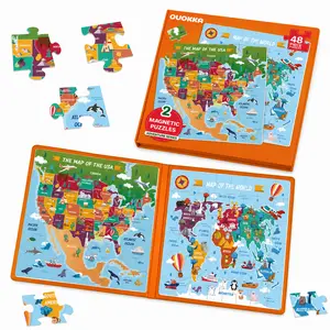 QUOKKA Magnetic Puzzles Book - 2 Sets of 48-Piece Jigsaw Puzzles, Matching Toy for Toddlers & Kids Ages 4-6, Compact Travel Toy for Flights, Fine Motor Skills-Boosting Activity with USA & World Maps, Magnetic Puzzles For Toddlers