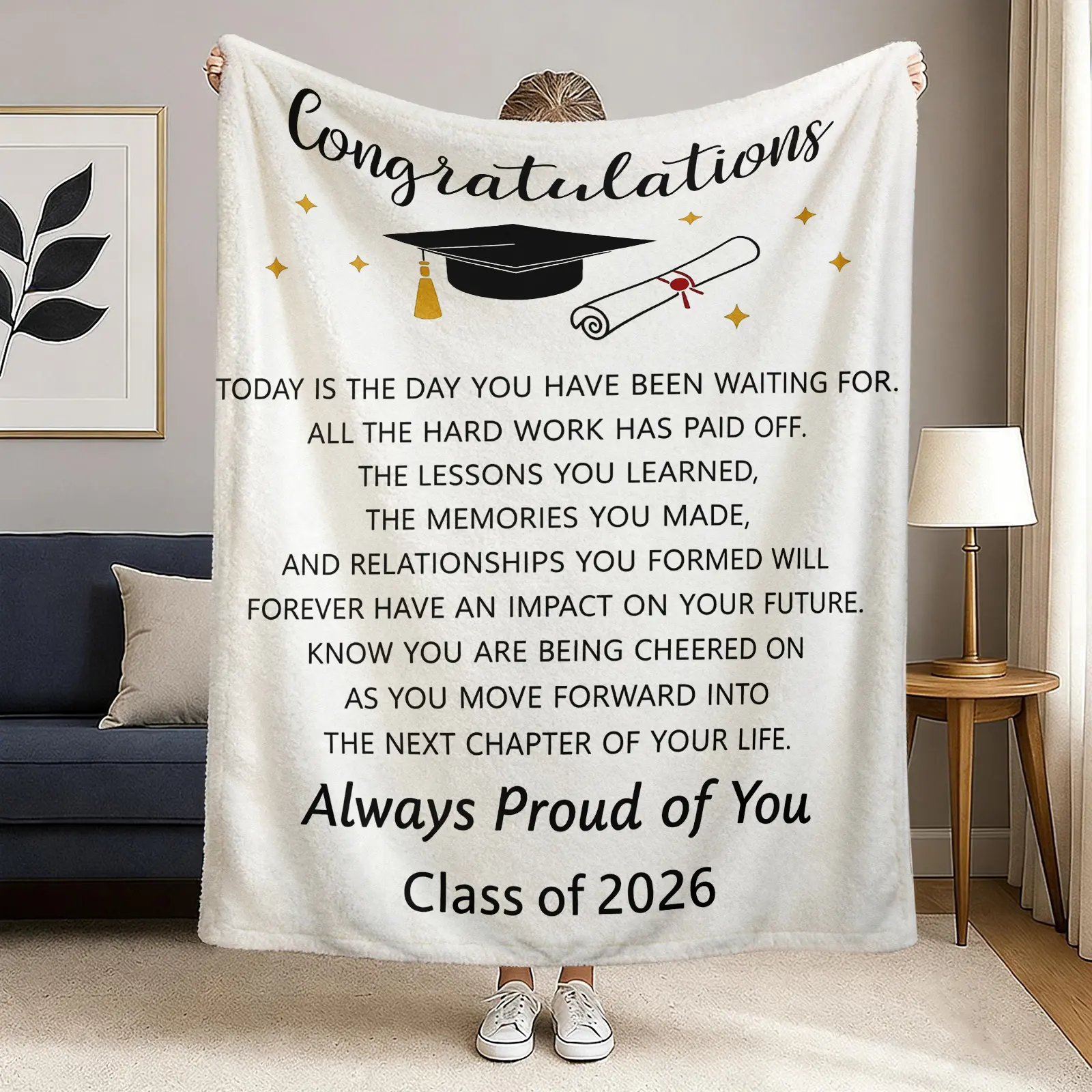 2026 Graduation Flannel Blanket (1 Piece) - Sonic-printed Vintage Cap, Scroll & Diploma Pattern, Doctorate Degree Graduation Gift