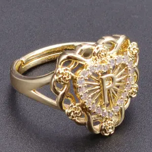 18k gold-plated adjustable ring with elegant rose design and 26 letters, a perfect jewelry gift for women.