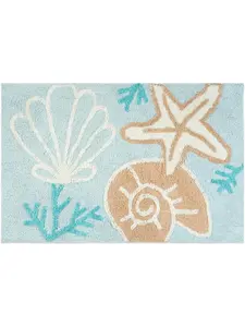 212 MAIN 32x20" Rectangle Coastal Blue, Tan & White Cotton Seashells & Coral Bath Rug - Machine Washable Mat for Bathroom Decor