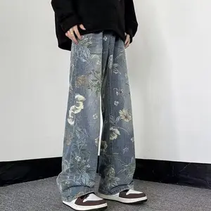 Unisex Floral Print Wide-Leg Jeans - Mid-Rise, Straight-Leg, Slim Fit, Floor-Length Denim Pants with Details, Machine Washable - Blue Floral Design for Men & Women, All season Jeans | Floral Denim Pants | Machine Washable Pants Casual Menswear