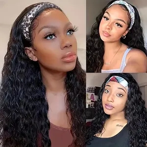 Human Hair Headband Wigs Glueless Deep Wave Wig No Glue No Lace Full Machine Made Wigs Ready To Wear Human Hair Kinky Curly Wigs For Daily Party Use Wet and Wavy For Black Women