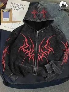 Trendy Washed Black Zip-Up Drawstring Graphic Hoodie | Intricate Thorn Heart & Cross Design | Soft Breathable Fabric | #DarkGrunge Essential for Coffee Runs, Festival Outfits & Chill Weekend Looks