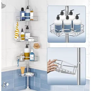 Corner Shower Caddy Tension Pole, 4-Tier Rust-Free Shower Organizer Corner,Adjustable Shower Shelf for Inside Shower,Easy-Install Shower Rack for Shower Storage, 39 to 113Inch, Silver