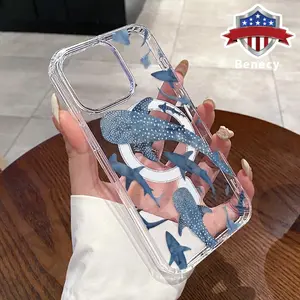 Whale Shark Wonders Pattern Magnetic Phone Case for iPhone 17 Pro Max 16 16e 15 14 Plus 13 12 11 Air XR X XS Anti-Yellowing Shockproof Lightweight Transparent Acrylic Large Hole Soft Cover Supports Wireless Charging