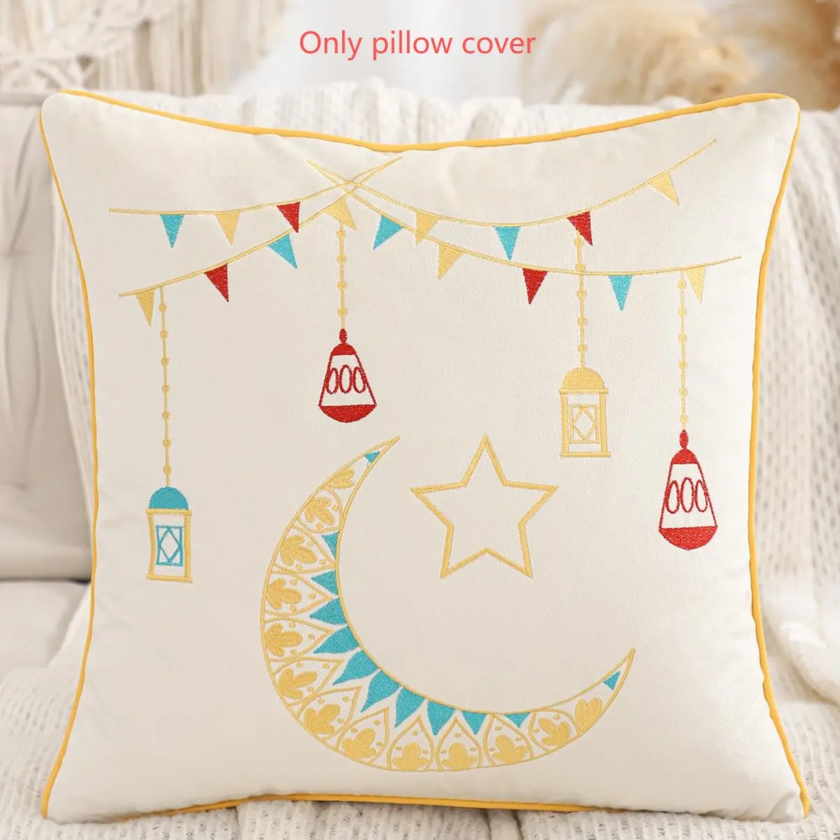 1Pc Ramadan Decoration Pillow Cover Star Moon Lantern Velvet Embroidery Living Room Bedroom Sofa Muslim Eid Festival Gift