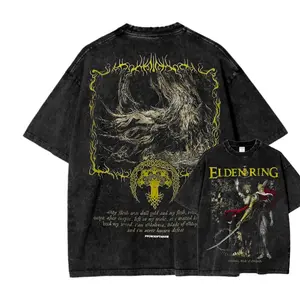 [Collection] HardTimesClothing Frenzy Flame Elden Ring Vintage Washed T-Shirt, Heavyweight Cotton Oversized Graphic Tee, Dark Fantasy Anime Manga Streetwear, Unisex Gamer Gift for Fans