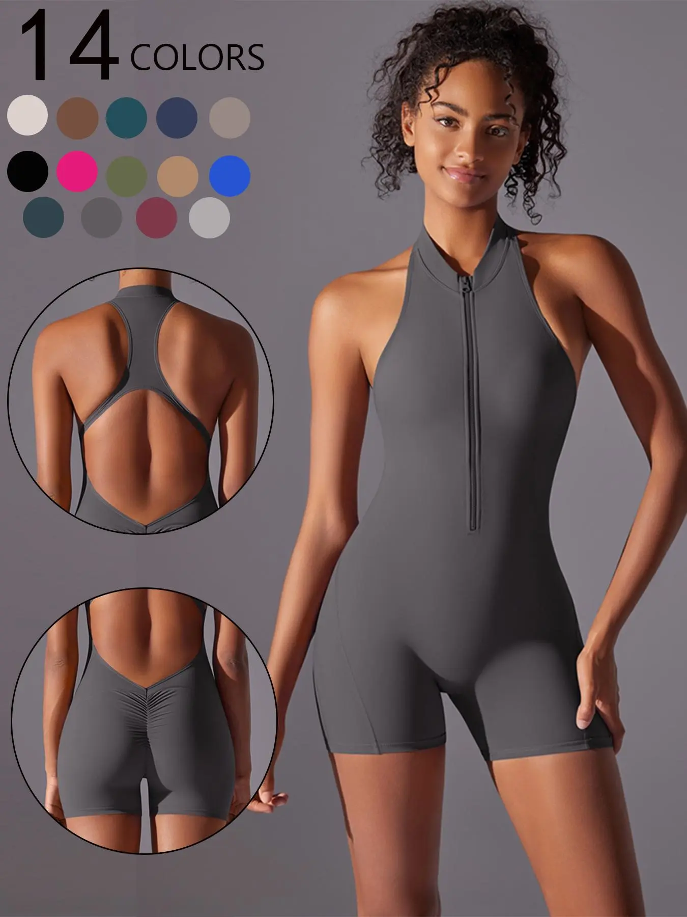 Women's Solid Zip Back Sports Romper, Stretchable Activewear, Breathable Comfortable Sleeveless Bodycon Romper for Yoga Gym Workout, Ladies Sportswear for All Seasons, Sportswear Jumpsuits, Activewear Clothing, Fitness Outfit
