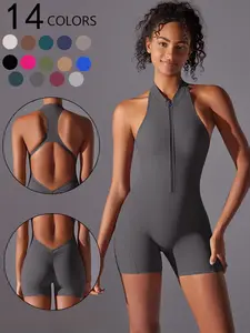 Women's Solid Zip Back Sports Romper, Breathable Comfortable Sleeveless Bodycon Romper for Yoga Gym Workout, Ladies Sportswear for All Seasons