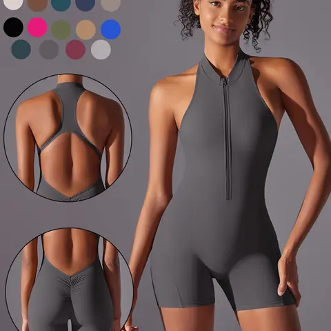 Women's Solid Zip Back Sports Romper, Stretchable Activewear, Breathable Comfortable Sleeveless Bodycon Romper for Yoga Gym Workout, Ladies Sportswear for All Seasons, Sportswear Jumpsuits, Activewear Clothing, Fitness Outfit