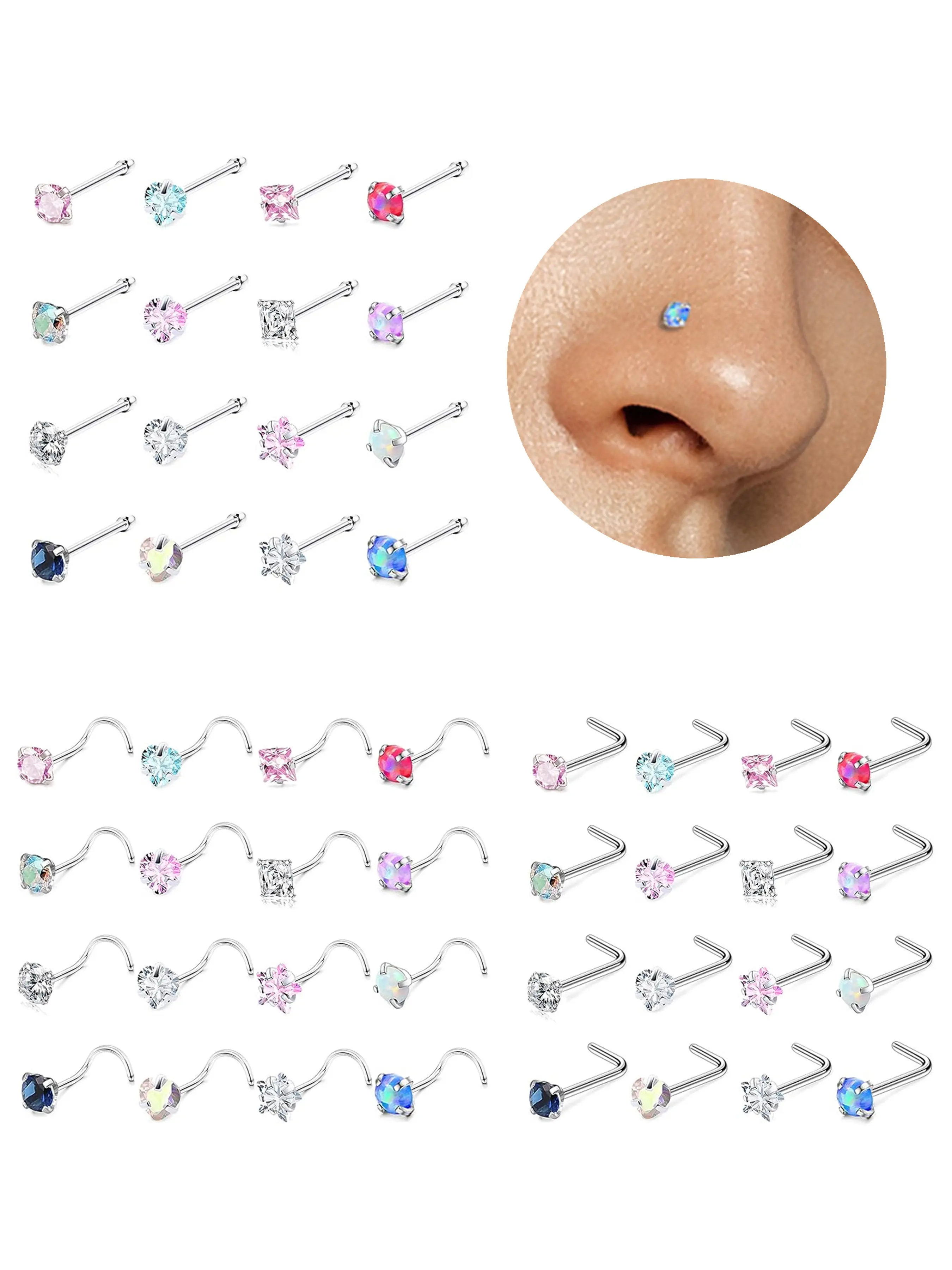 16Pcs 18/20g CZ Cubic Zirconia Nose Studs for Women, Surgical Stainless Steel Nose Studs, Hypoallergenic 316L Surgical Steel Nose Piercings Jewelry, 3mm L-Shaped Nose Studs, Chic Body Jewelry, Body Jewellery