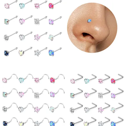 16Pcs 18/20g CZ Cubic Zirconia Nose Studs for Women, Surgical Stainless Steel Nose Studs, Hypoallergenic 316L Surgical Steel Nose Piercings Jewelry, 3mm L-Shaped Nose Studs, Chic Body Jewelry, Body Jewellery