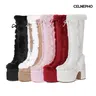 CELNEPHO Faux Fur Boots for Women Round Toe Chunky Platform Heel Lace up Design Side Zipper Closure Furry Gothic Style Boot Easy Pull on Cozy Warm Casual Wear Gift Party Date Goth Punk Fashionable Trendy Fall Dress Shoes
