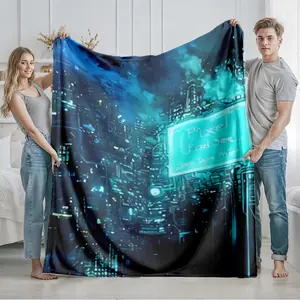 1 piece Cyberpunk-style futuristic city circuit board landscape themed flannel blanket - Super soft flannel blanket in modern style, suitable for sofas and beds, all-season use, digitally printed pattern, 100% polyester material, machine washable