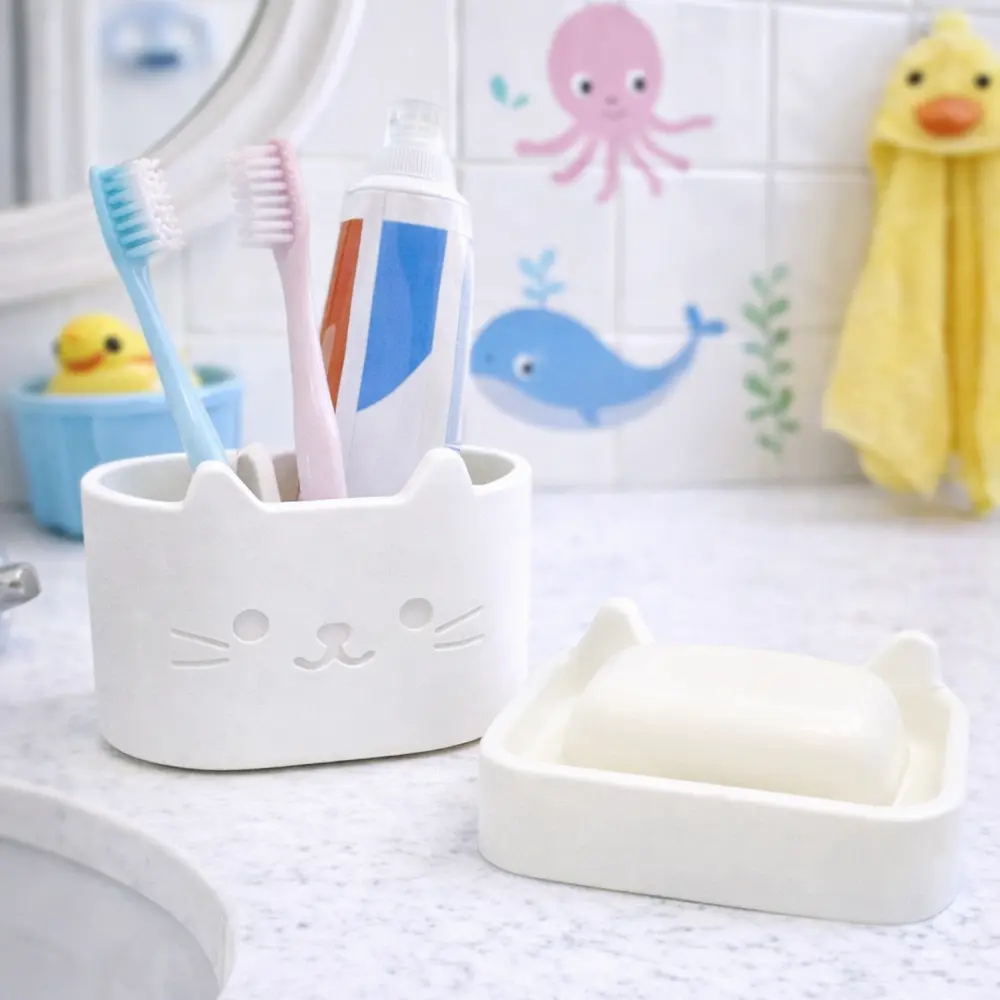 Cute Cat Bathroom Set – Soap Holder & Toothbrush Organizer – Kitty Sink Decor for Kids & Cat Lovers