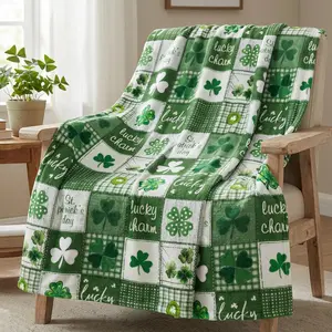 Horaldaily St. Patrick's Day Flannel Blanket Throw, Green Buffalo Plaid Shamrock Patchwork Soft Fuzzy Plush Cozy Fleece Blankets for Couch Sofa Bed Lounging, Ideal Gifts for Kids Adults Self