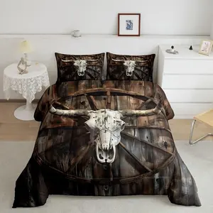 Cow Skull Bedding Set,Animal Skeleton Comforter,Vintage Farmhouse Bedding Sets, Retro Old Barn Door Insert,Brown Bed Set,Lightweight Duvet