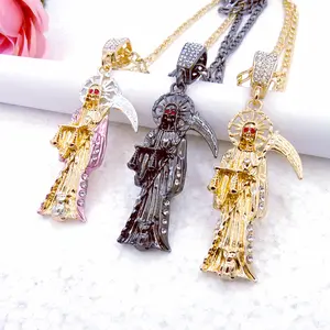 Santa Muerte Necklace Figaro Chain Santisma Muerte Pendant/charm St. Jude Men's Women's Necklace  with Sickle Gold Plated