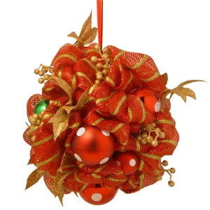 16 in. Decorative Collection Striped Red Ribbon Kissing Ball