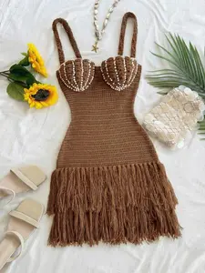 Shell-Shaped Bustier Tassel Hem Spaghetti Strap Bodycon Mini Dress, Bohemian, Boho, Vacation, Suitable For Spring/Summer, Valentine's Day, Date