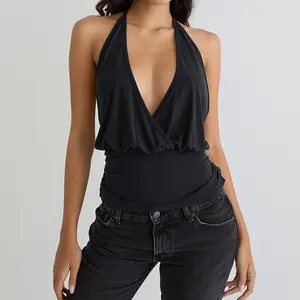 Women's Summer Halter Tops Stylish Solid RuchedFit Backless Sleeveless Vest