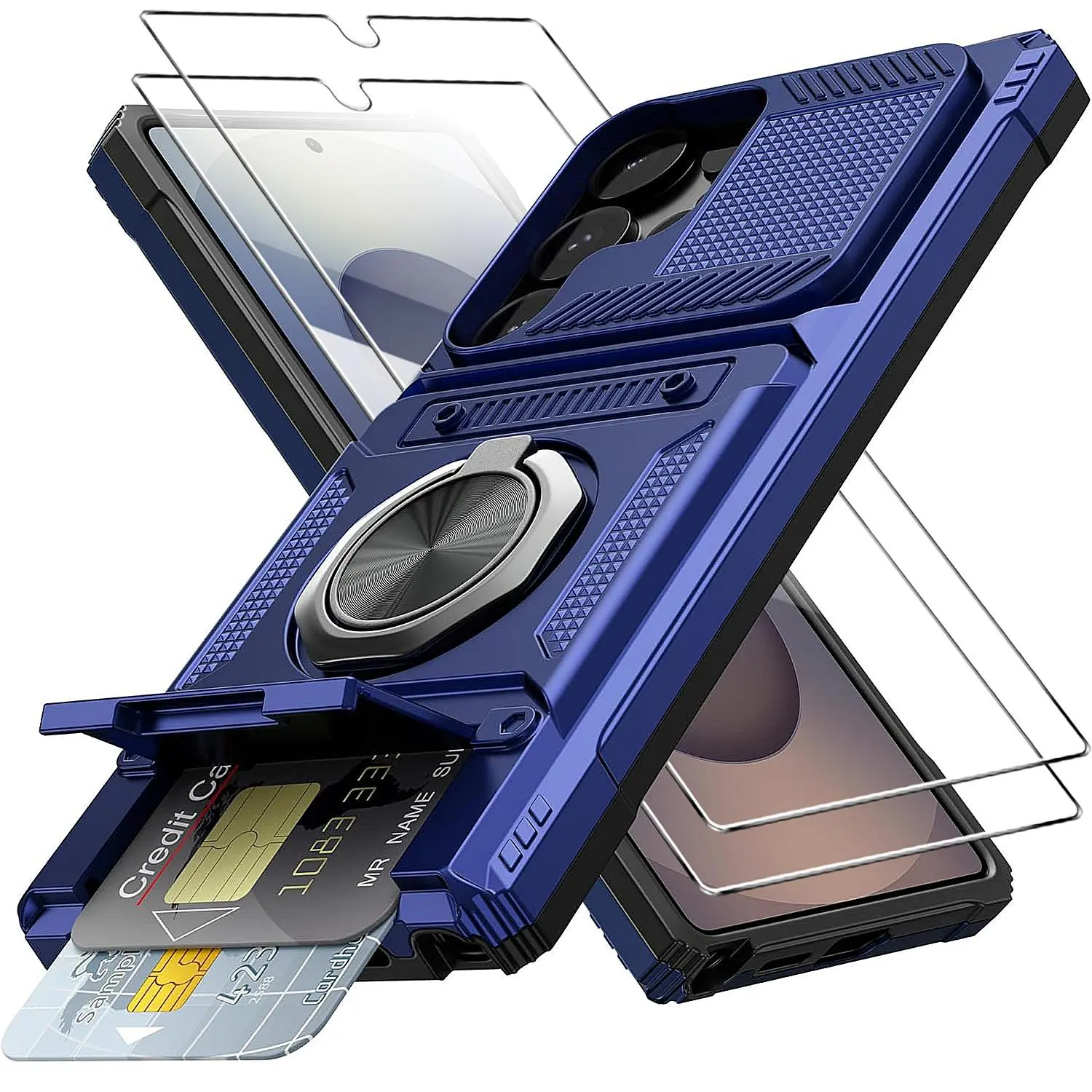 3 PCS [1 Phone Case with 2X Clear Screen Protectors Tempered Glass] Heavy Duty Shockproof for Samsung Galaxy S25 Ultra S24 Ultra S25 Plus S24FE S23FE A16 A15 A14 A35 A55 5G Hard Phone Case with Metal Stand and Card Slot, Shockproof Protective