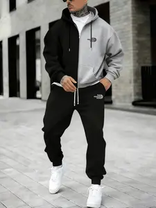 Men's Large Size Hooded Zipper Patchwork Jacket Set, Casual Long Sleeve Geometric Pattern, Fall & Winter Essential, Perfect Gift