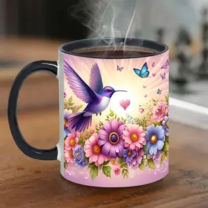 11oz Glossy Purple Hummingbird Floral Ceramic Coffee Cup, Colorful Flower Butterfly Print Black Handle Drinkware, Washable Cute Mug for Women bartender water bottle