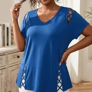 Stylish Plus Size Women's Tee - Trendy Short Sleeves, Cross Design, V-Neck, Moderately Stretchy Material, Perfect for Summer, Casual Attire, Everyday Outfit, Fitted, Medium Length, Plain Pattern, Womenswear Tops