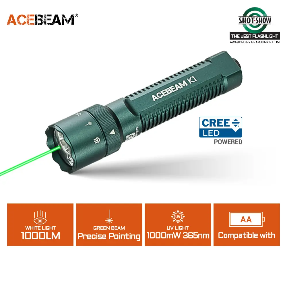 ACEBEAM K1 EDC Rechargeable 3-Way Multi-Source LED Flashlight, Rotatable Magnetic Switch, 365nm UV Scan Lamp, Green Laser, 1000 Lumen Max, Aluminum Body, USB-C Charging 14500 Battery Cells, Compatible with 14500 Batteries, Outdoor Camping Gear