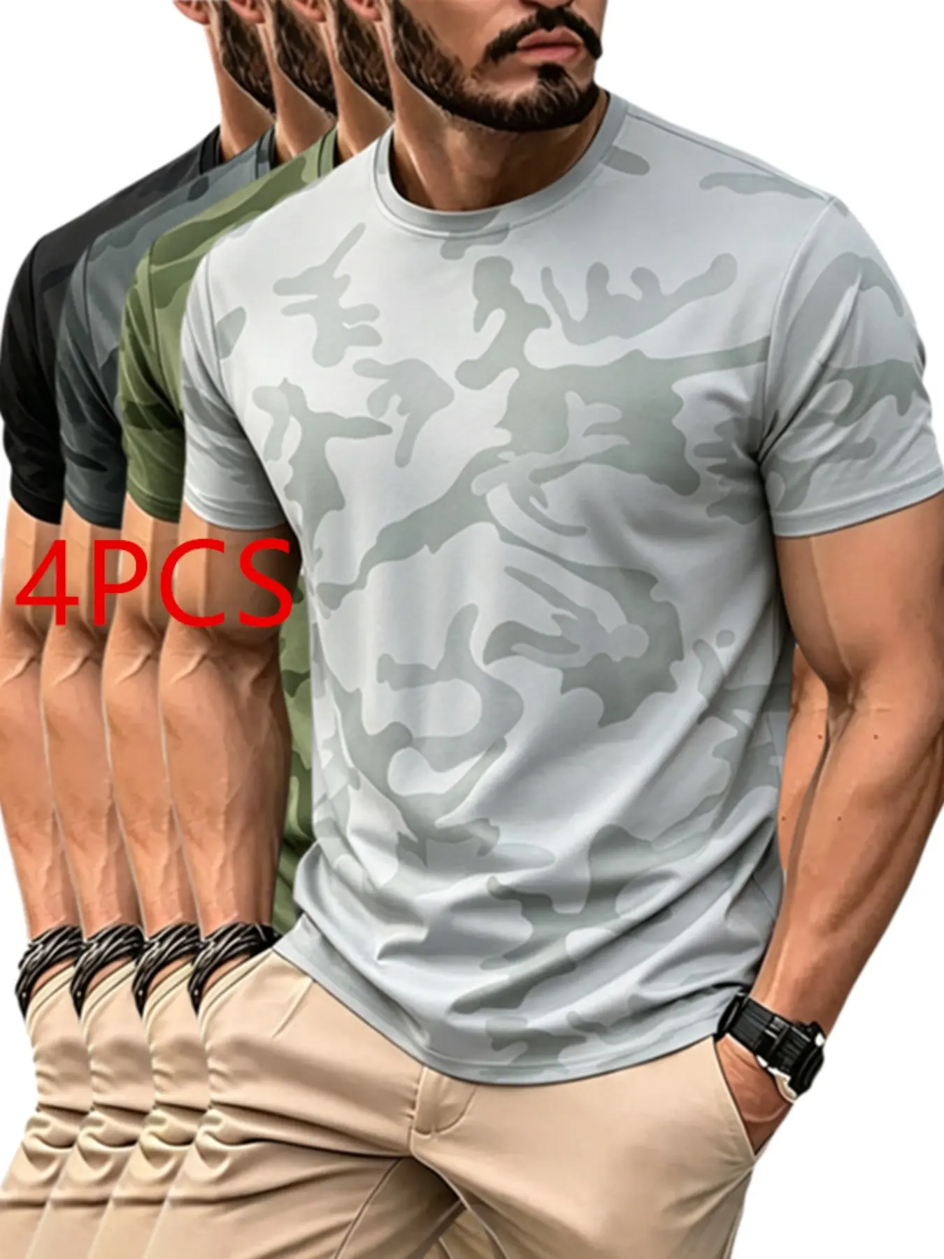 4-Pack Men's Camouflage Quick-Dry Compression T-Shirts, Moisture-Wicking Sport Fitness Short Sleeve Crew Neck, Breathable Outdoor Running Gym Training Wear