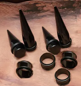 2 Pairs Black Taper and Titanium Tunnels Ear Stretching Kit gauges plugs 1g 0g 00g 1/2 9/16 5/8 3/4 7/8 1 inch set steel metal single flare