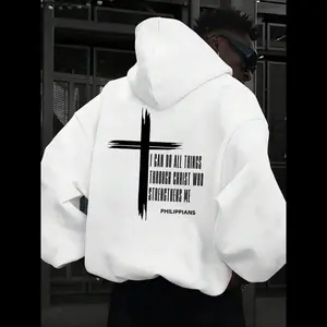 NewMen's Cross Print Drop Shoulder Hoodie, Fashion Casual Regular Fit Drawstring Pocket Hooded Sweatshirt for Daily Holiday Outdoor Wear, Men Clothes for Fall & Winter