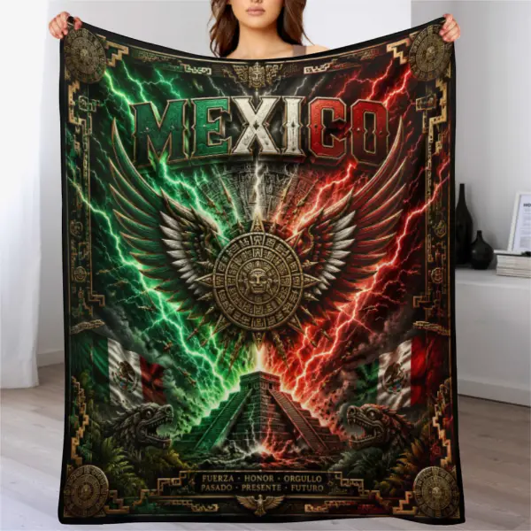 Mexico Pride Ultra Soft Fleece Throw Blanket - Aztec Winged Calendar Print, Lightning Flag Design, Durable, Machine Washable, Modern, Black Friday Pick for Couch, Bed, Proud Mexicans