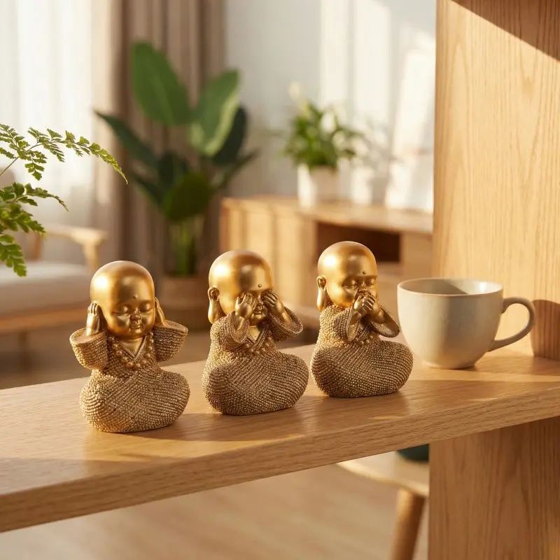 Gold Three Wise Monks Resin Statue Set, Textured Buddhist Monk Decor, Religious Home Decor, Luxury Zen Home Accent, See Hear Speak No Evil Figurines, Meditation Room Ornament