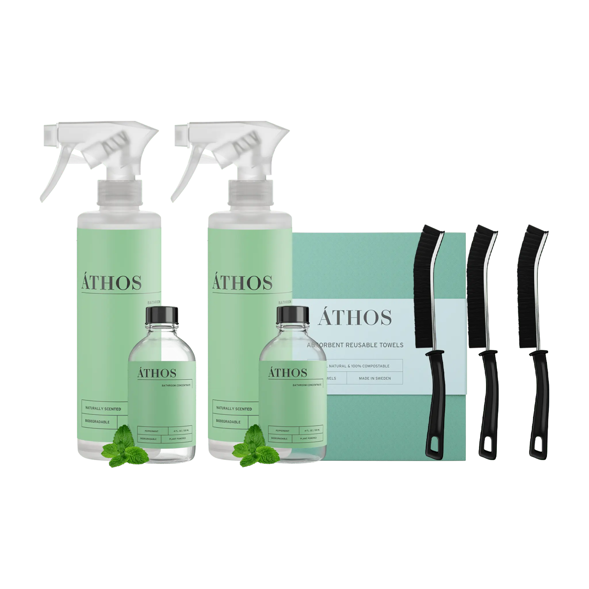 ÁTHOS Bathroom Bundle | Makes 8 Bottles | 2 Concentrates + 2 Reusable Bottles + Reusable Tools | Peppermint or Tea Tree Scent