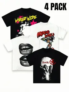 [Graphtec] 4-Pack Men's Oversized Graphic Tees Vintage Y2K Streetwear Cotton T-Shirts, Hip Hop Rap Tee Heavyweight Retro Top Pack for Teens & Adults, Aesthetic Cyber Goth Grunge Style Casual Short Sleeve Multipack, Trendy Loose Fit Daily Wear.