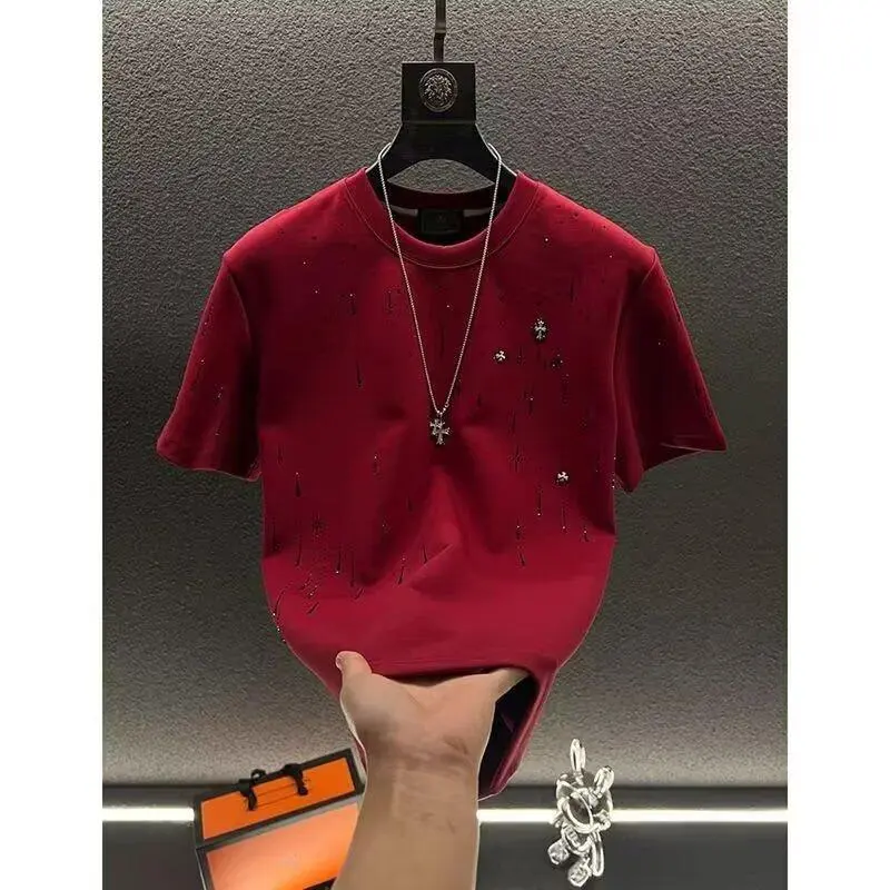 Men's Casual Graphic T-Shirt with Rhinestone Meteor Print, Luxury Streetwear Style Short Sleeve Round Neck Tee