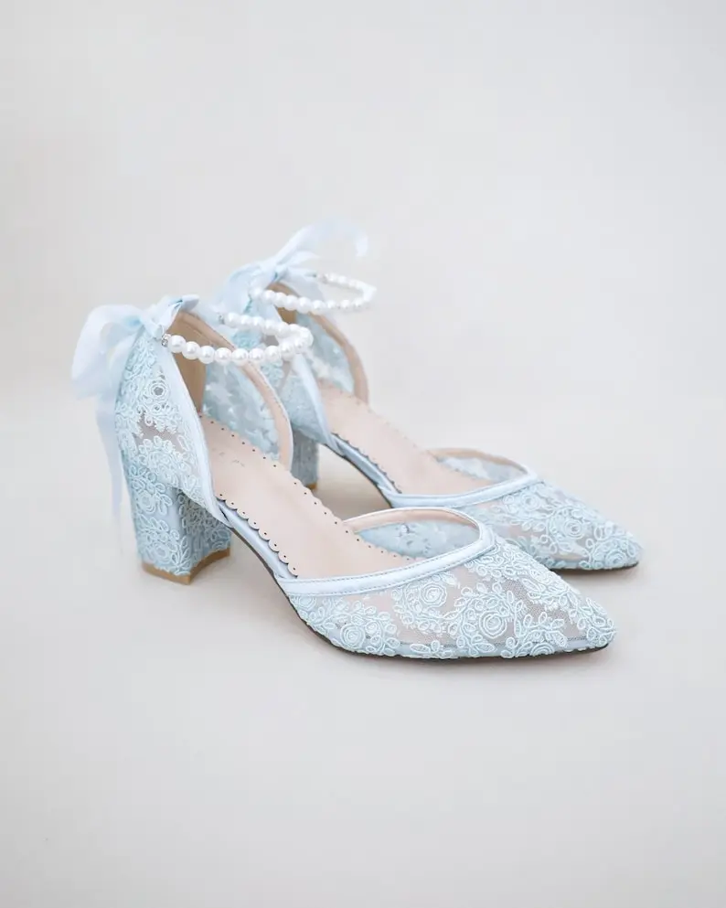 Abby Light Blue Crochet Lace Almond Toe Block Heel with All Pearls Ankle Strap, Bridesmaid Heel, Bridal Heel, Something Blue, Size 5-11